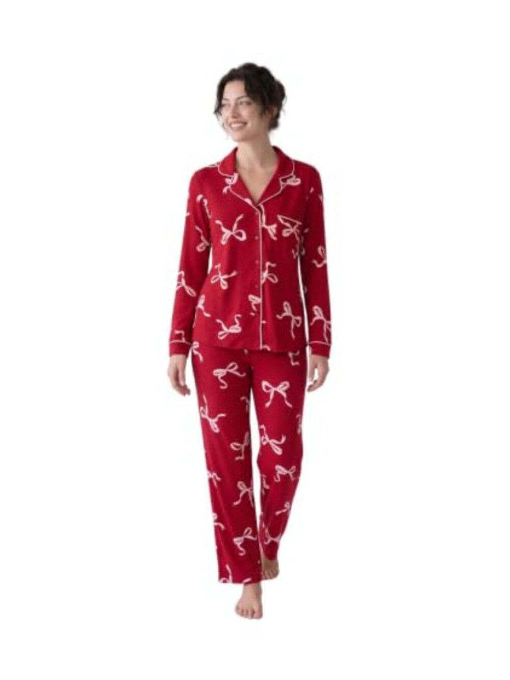 Laura Ashley Plush Knit Pajama Set Button Down Notch Collar Long Sleeve